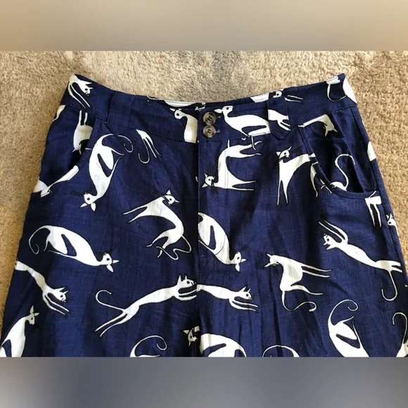 ModCloth Feline Cat Print Wide Leg Linen Crop Pant Sz 8 - Picture 3 of 14